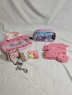 Hello Kitty Care Kit,Cosmetics Pouches, Calin Crossbody and Plush Eye Mask Set